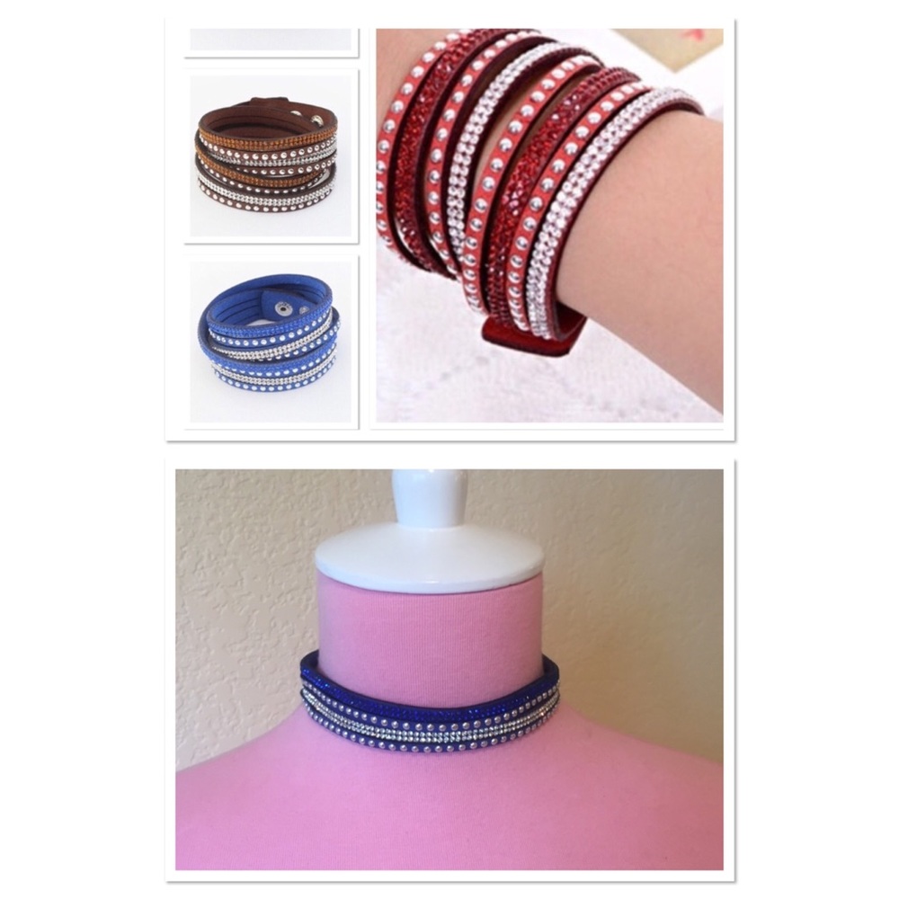 🎀 Trendy layered studded rhinestone choker or wrap bracelet blue red or brown